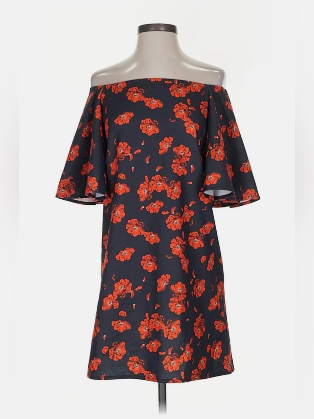OAK&FORT Off-Shoulder Navy Dress with RedOrange Floral Print size Small